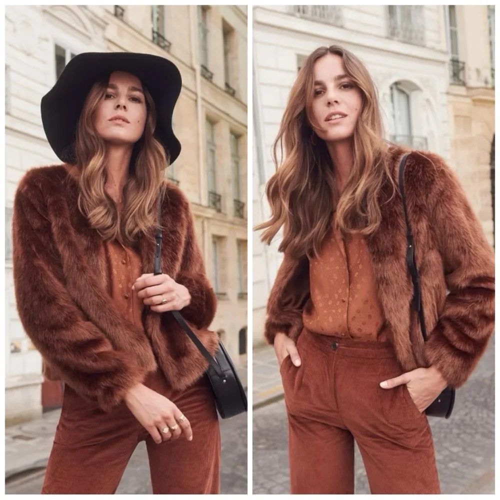Sezane Lio Coat Rust Faux Fur Jacket Modacrylic Parisian Chic Size 6​